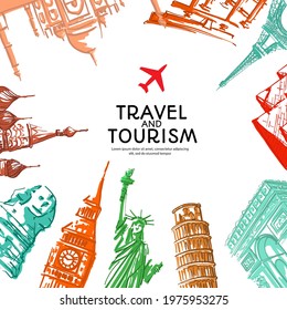 Travel to world with famous landmarks colorful hand drawn sketch style banner