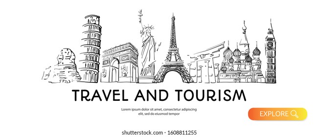 Travel to World with famous landmarks hand drawn sketch style panorama