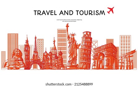 Travel to World with famous landmarks with hand drawn sketch style panorama with airplane jetliner flying sign for travel poster banner and postcard design Vector illustration.