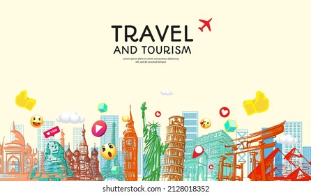 Travel to world famous landmarks with hand drawn sketch style panorama with airplane jetliner flying sign for travel poster banner and postcard design Vector illustration.