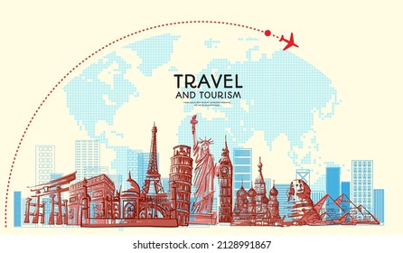 Travel to World with famous landmarks with hand drawn sketch style with airplane jetliner flying sign and world map for travel poster banner and postcard design Vector illustration.