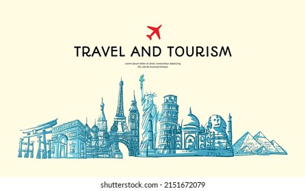 Travel to World with famous landmarks hand drawn sketch style for travel poster and postcard, Vector illustration.