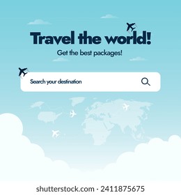 Viaja por el mundo, consigue los mejores paquetes. Banner de promoción de agencia de viajes o empresa con barra de búsqueda para buscar el destino. Banner publicitario de la gira mundial con nubes e iconos de aviones 