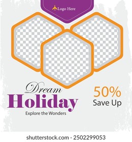 Travel the World Holiday travel time tour social media post Instagram post or web banner template vector promotion explore adventure Tourism Business Marketing summer hotel promotion vacation journey