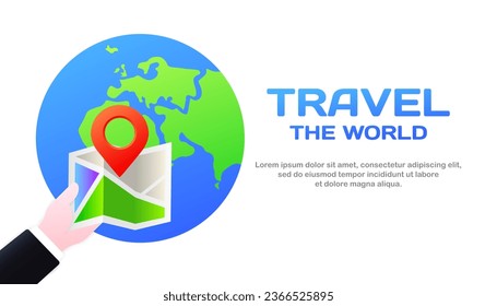 Travel the world icon. Flat, color, travel icon, planet earth, map with mark, travel the world. Vector icon