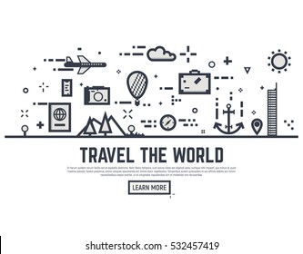 Travel the world illustration vector concept. Thin line style travel banner for web page or tour organization.