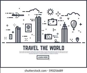 Travel the world illustration vector concept. Thin line style travel banner for web page or tour organization. City scene with huge buildings and skyscrapers.
