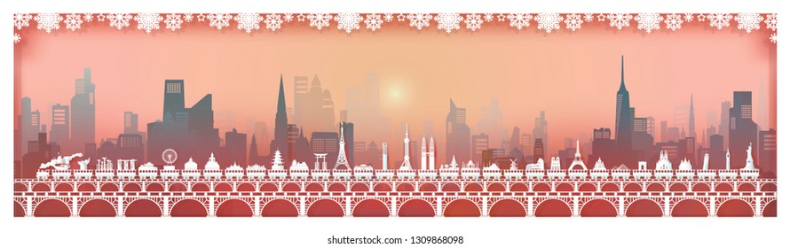 Travel world landmarks downtown of skyline with sunrise background, Landmark capital travel by train on bridge for poster and postcard,Travel world panorama by origami paper style,Vector illustration.