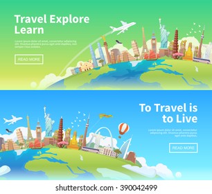 Travel to World. Landmarks on the globe. Horizontal web travel banners. America, Asia, Europe. Modern flat design.