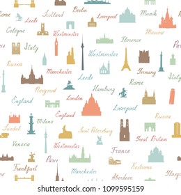 Patrón sin fisuras de los Lugares famosos del mundo del viaje. Fondo de azulejo de icono de vista de viaje