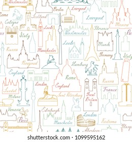 Travel world landmarks seamless pattern. Travel sight icon tile background