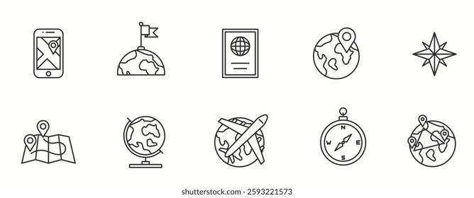 Travel world line Icon Set. Journey, holiday, tourism, destination, adventure, exploration, trip . Vector Illustration