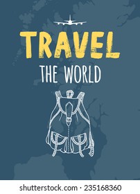 TRAVEL the world, map, airplane, backpack svg