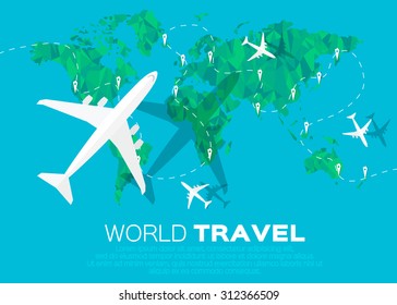 Travel World map background in polygonal style with top view airplane. Vector illustration design.