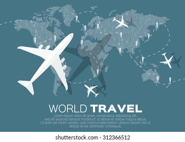 Travel World map background in polygonal style with top view airplane. Vector illustration design.