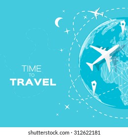 Travel World map background in polygonal style with top view airplane. Vector illustration design.