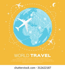 Travel World map background in polygonal style with top view airplane. Vector illustration design.