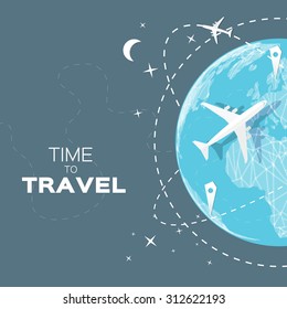 Travel World map background in polygonal style with top view airplane. Vector illustration design.