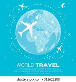 Travel World map background in polygonal style with top view airplane. Vector illustration design.