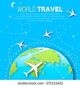 Travel World map background in polygonal style with top view airplane. Vector illustration design.