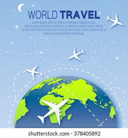 Travel World map background in polygonal style with top view airplane. Vector illustration design.