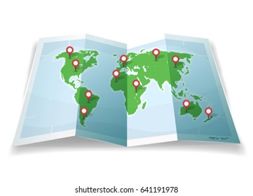 Travel World Map With GPS Pins. Illustration of a cartoon simple world map, with pins and location