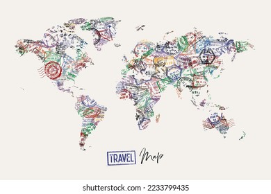 Travel world map made from stamps different countries