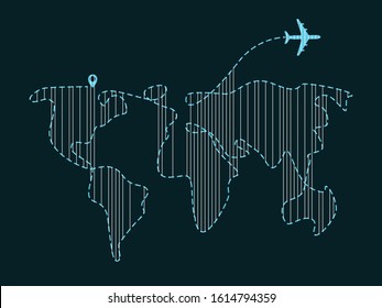 Travel World map on Deep Blue background with top view airplane. Vector illustration design.