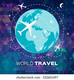 Travel World map in polygonal style with top view airplane. Vector illustration design.