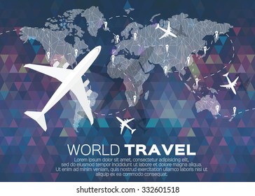 Travel World map in polygonal style with top view airplane. Vector illustration design.