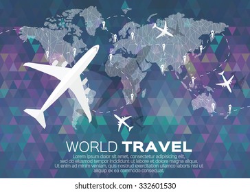 Travel World map in polygonal style with top view airplane. Vector illustration design.