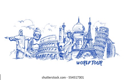 Travel The World Monument Concept, Hand Drawn Sketch Vector Illustration.