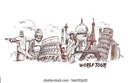 Travel The World Monument Concept, Hand Drawn Sketch Vector Illustration.