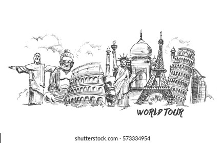 Travel the world monument concept, Hand Drawn Sketch Vector illustration.