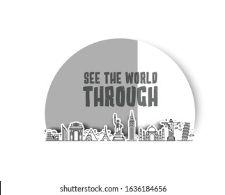 Travel the world monument with text of see the world through - Vector Bammer Design.