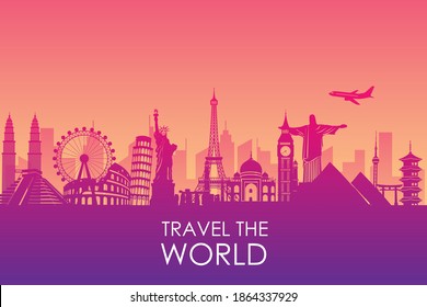 Travel to world on banner background. Landscape template tourism cards. road trip. vacation as in holiday. city scape around the world. vector illustration in flat style modern design.