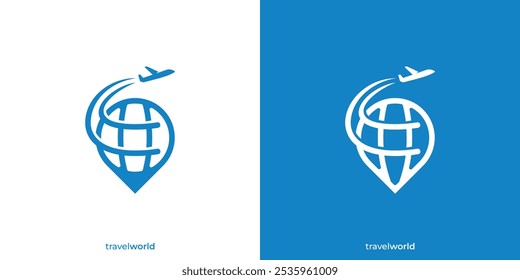 Travel World Pin Logo. Pin, Map, Location and Airplane with Minimalist Style. Travel Business Logo, Icon, Symbol, Vector, Design Inspiration.