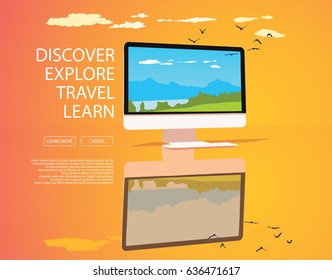 Travel to world plane and computer orange background