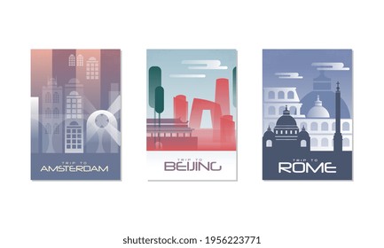 Travel the World Poster with Amsterdam, Beijing and Rome City View Vector Set