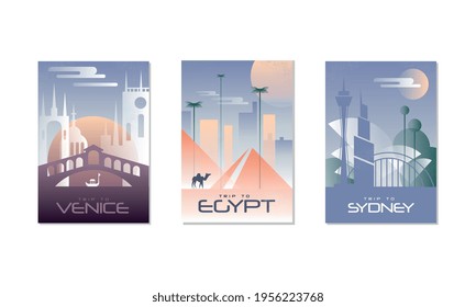Travel the World Poster with Venice, Egypt and Sydney City View Vector Set