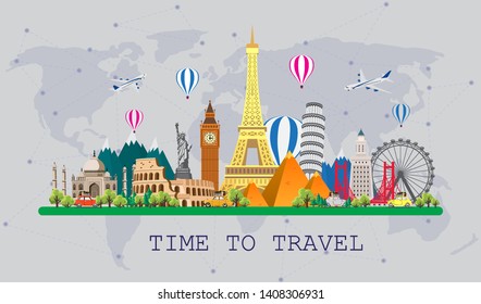 Travel to World. Road trip. Big set of famous landmarks of the world. Time to travel, tourism, summer holiday. Different types of journey. Flat design vector illustration