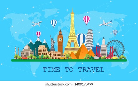 Travel to World. Road trip. Big set of famous landmarks of the world. Time to travel, tourism, summer holiday. Different types of journey. Flat design vector illustration