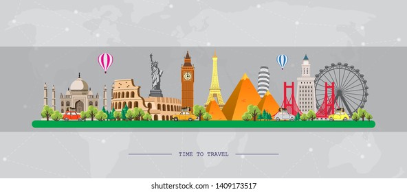 Travel to World. Road trip. Big set of famous landmarks of the world. Time to travel, tourism, summer holiday. Different types of journey. Flat design vector illustration