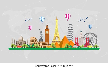 Travel to World. Road trip. Big set of famous landmarks of the world. Time to travel, tourism, summer holiday. Different types of journey. Flat design vector illustration