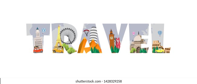 Travel to World. Road trip. Big set of famous landmarks of the world. Time to travel, tourism, summer holiday. Different types of journey. Flat design vector illustration
