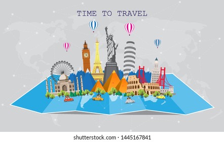 Travel to World. Road trip. Big set of famous landmarks of the world. Time to travel, tourism, summer holiday. Different types of journey. Flat design vector illustration