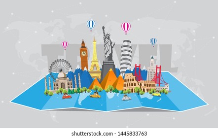 Travel to World. Road trip. Big set of famous landmarks of the world. Time to travel, tourism, summer holiday. Different types of journey. Flat design vector illustration