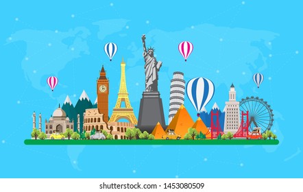 Travel to World. Road trip. Big set of famous landmarks of the world. Time to travel, tourism, summer holiday. Different types of journey. Flat design vector illustration