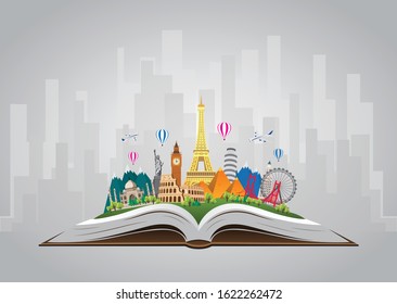 
Travel to World. Road trip. Big set of famous landmarks of the world on the book. Time to travel, tourism, summer holiday. Different types of journey. Flat design vector illustration