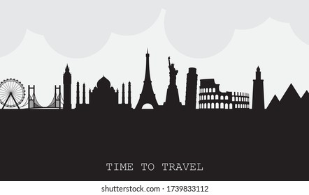 Travel to World. Road trip. Big set of famous landmarks of the world in the form of a siluet. Time to travel, tourism, summer holiday. Different types of journey. Flat design vector illustration